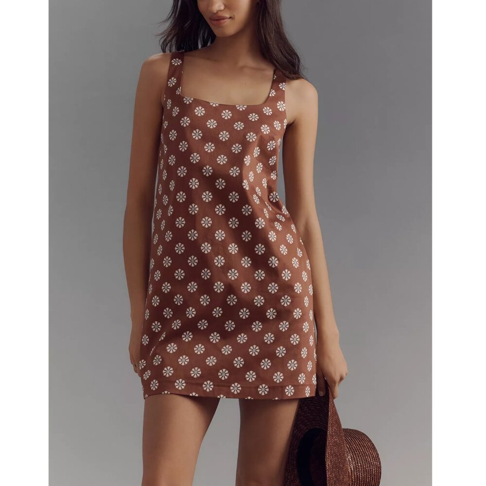 By Anthropologie Sleeveless Square-Neck Mini Dress Brown Motif L